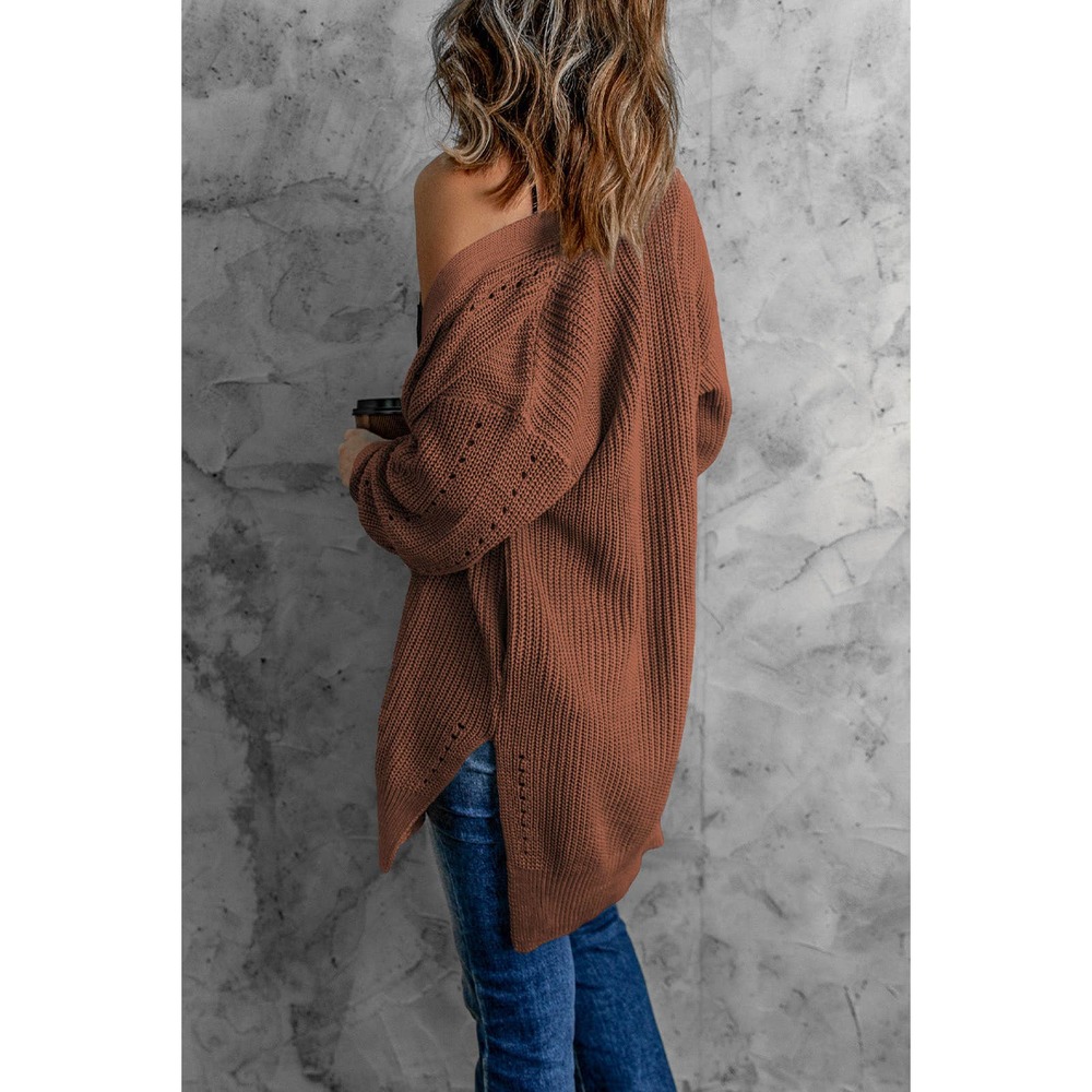 Openwork Rib-Knit Slit Cardigan - Picture 9 of 10